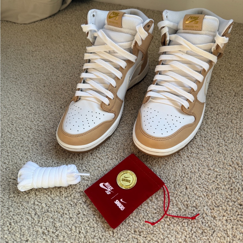 Nike SB Dunk High TRD QD in White and Tan - Brand New